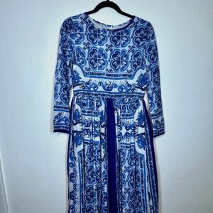 Blue Portuguese Tile-esk Midi A-Line Dress with Royal Blue Border